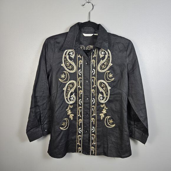 Richard Malcolm Button Up Shirt Linen Embroidered Western Collared Large Black - Picture 1 of 6